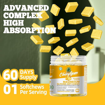 Magnesium Glycinate Soft Chews, Pineapple Flavor.Chewable Sugar Free Potassium Magnesium Chews with Magnesium Glycinate, Vitamin D, B6, and CoQ10 for Calm Support & Sleep for Adults, 60 Days Supply