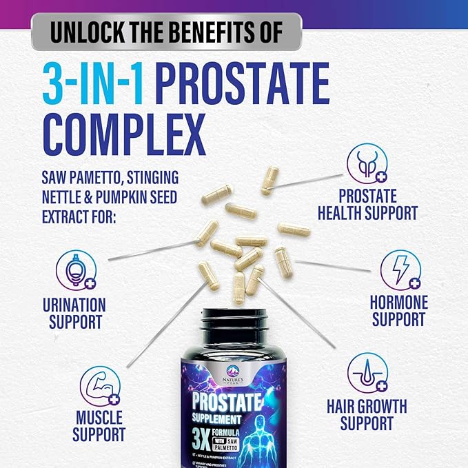 Prostate Health Supplements for Men - Potent 3X Formula with Saw Palmetto + Stinging Nettle + Pumpkin Seed Extract, Bottled in USA, Prostate Supplement, DHT Blocker for Urinary Support - 120 Capsules