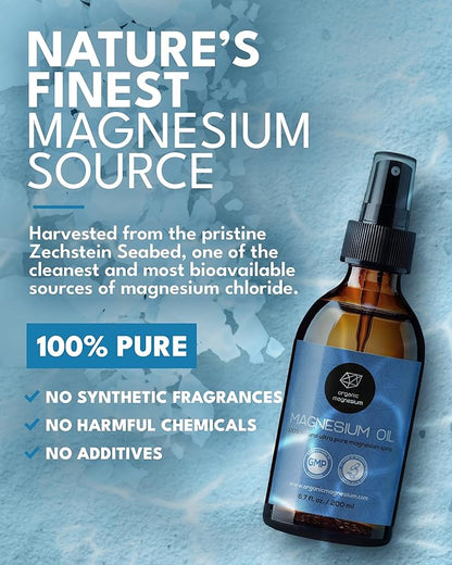 Organic Magnesium Spray Oil in Glass Bottle with Extra Spray - 100% Pure Topical Magnesium Chloride for Leg Cramps from Ancient Zechstein Seabed | for Sports, Relaxing & Sleep