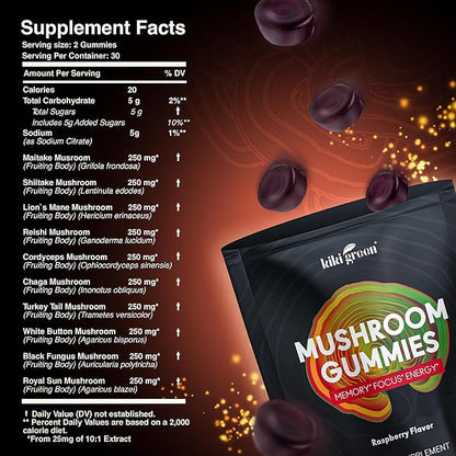 KIKI Green Mushroom Gummies with Lion's Mane and 9 Adaptogen Superfoods Blend - Chaga, Red Reishi, Cordyceps, Shiitake, Black Fungus | 60 Count, 10:1 Extract