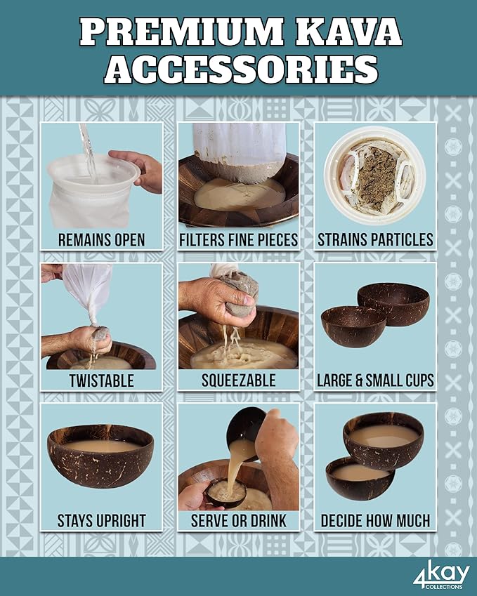 Premium Kava Strainer Bag with 2 Traditional Coconut Shell Cups - Reusable Kava Accessories Bundle - 3 Items