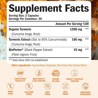 Turmeric Supplement - High Potency Turmeric Curcumin Supplement with 1200 mg Organic Tumeric and 95% Curcuminoids. Curcumin Supplements with Black Pepper for Immune & Joint Health. 60 Curcuma Capsules