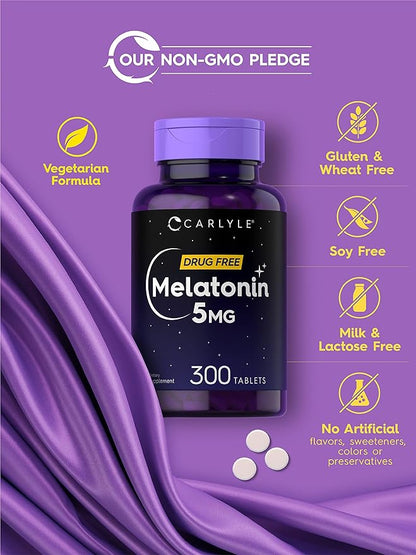 Carlyle Melatonin 5mg | 300 Tablets | Drug Free Supplement | Vegetarian, Non-GMO, Gluten Free