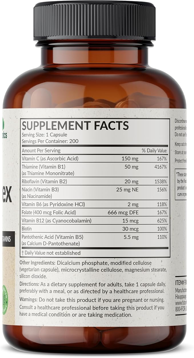 Futurebiotics Vitamin B Complex with Vitamin C Supports Energy Production, Nervous System & Immune Support - Non-GMO, 200 Vegetarian Capsules