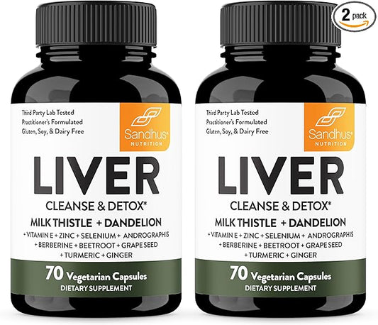Sandhu's Liver Renew Cleanse Detox, Repair & Support |70 Capsules (Pack of 2)| 2 Months+ Supply| Herbal Supplement for Liver Health| Milk Thistle Dandelion Root Andrographis with 8 Minerals