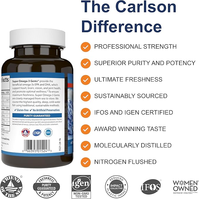Carlson - Super Omega-3 Gems, 1200 mg Omega-3 Fatty Acids with EPA and DHA, Wild-Caught Norwegian Supplement, Sustainably Sourced Fish Oil Capsules, Omega 3 Supplements, 100+30 Softgels