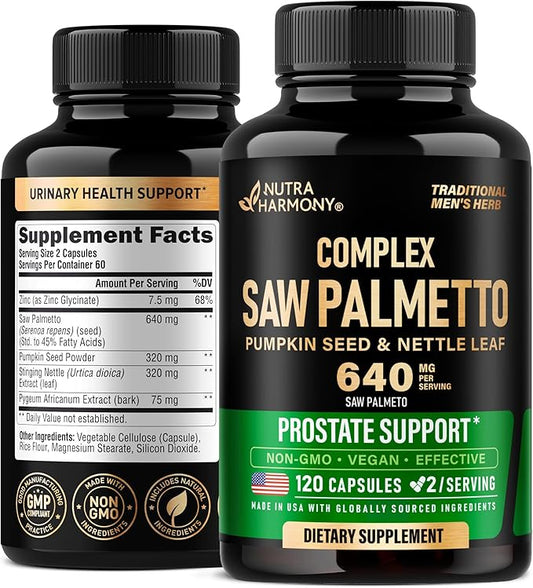Saw Palmetto for Men 640mg - Pumpkin Seed | Nettle | Zinc & Pygeum - Prostate Health & Urinary Supplement - DHT Blocking & Hair Support - 45% Fatty Acids, Clinical Strength - Made in USA, 120 Capsules