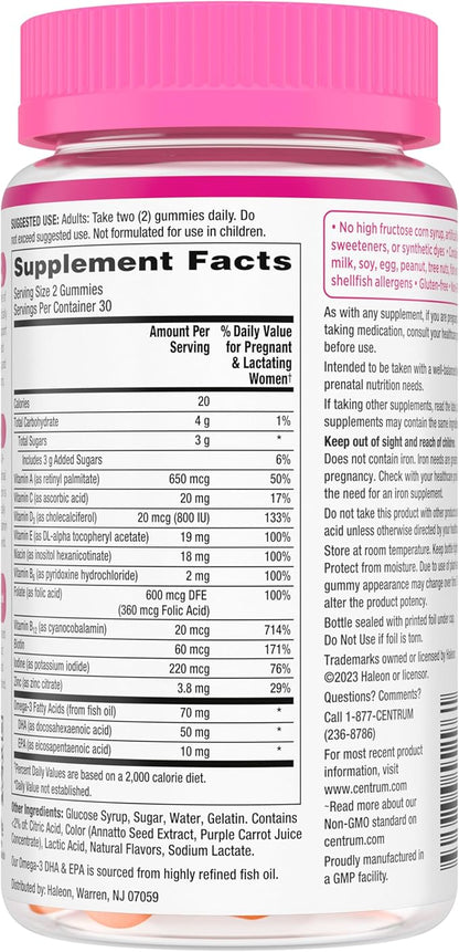 Centrum Prenatal Multivitamin Gummies with DHA and Folic Acid, Mixed Berry and Orange Flavors - 60 Count, 30 Day Supply