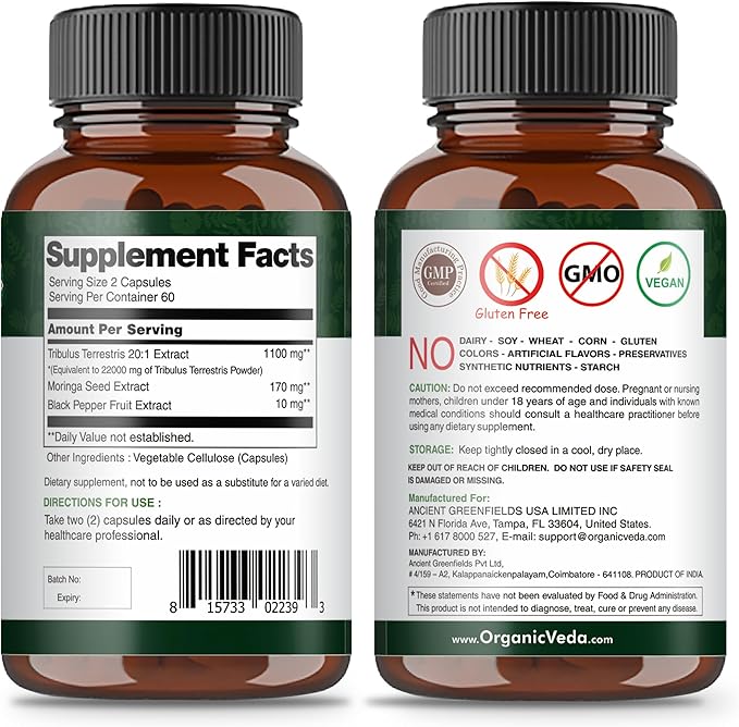 Organic Veda Tribulus Terrestris Extract Capsules for Men, 22000mg - Tribulus Terrestris Super Strength with Moringa & Black Pepper - Boost Energy, Stamina & Performance - Vegan, Non-GMO - 120 Count