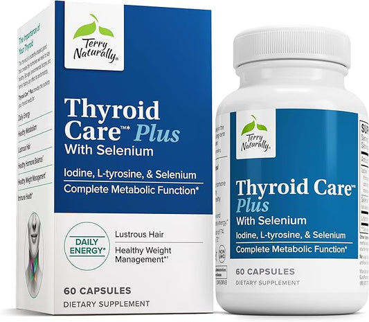 Terry Naturally Thyroid Care Plus - Supplement to Aid Thyroid - Dietary Supplement for Energy & Healthy Hair Support - Supplement with L-Tyrosine & Selenium - 60 Capsules