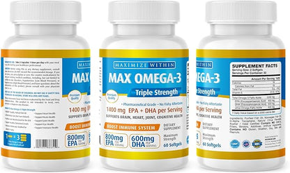 Maximum Slim Max Omega 3 Fish Oil Pills - Triple Strength Fish Oil Supplement (2000 mg Total Omega 3 Fatty Acids: 600mg DHA + 800 mg EPA per Serving)