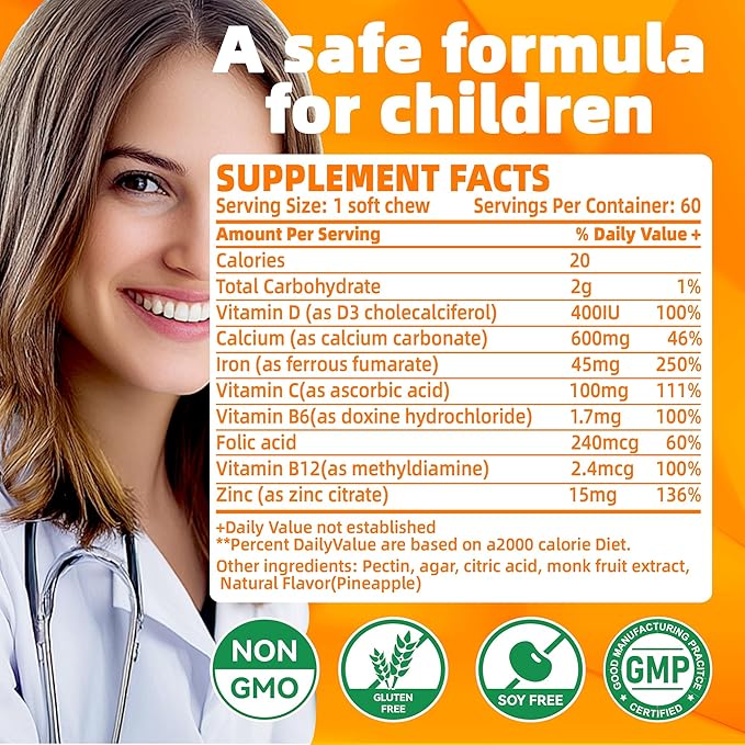 Iron Soft Chew Supplement with Vitamin C | Orange Flavored | Gluten Free | Iron Supplement for Women Men and Kids | 60 Count | 2 Month Supply