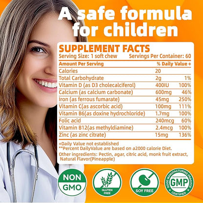 Iron Soft Chew Supplement with Vitamin C | Orange Flavored | Gluten Free | Iron Supplement for Women Men and Kids | 60 Count | 2 Month Supply