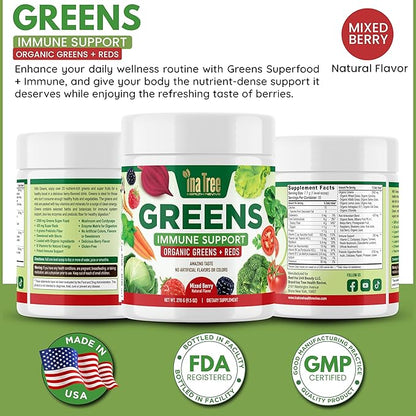 Greens Immune Support, Berry Superfood Blend Organic Vegan Greens + Reds Amazing Taste Mixed Berry Natural Flavor 270g (9.5 Oz) Detox, Gluten Free, Dietary Supplement