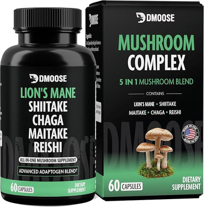 Lions Mane Mushroom Complex, 5 in 1 Adaptogenic Blend - Lionsmane, Chaga, Maitake, Shiitake and Reishi Extract Capsules - Nootropic Mushroom Supplement for Memory, Focus and Immune Support