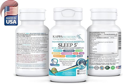 KAPPA NUTRITION Sleep 5, Sleep Aid, 5mg of Melatonin, 60-Day Supply, Non-Habit Forming Vegan Capsules Natural Ingredients for Easier Bedtime, Herbal Supplement, Valerian Root, Chamomile Non-GMO