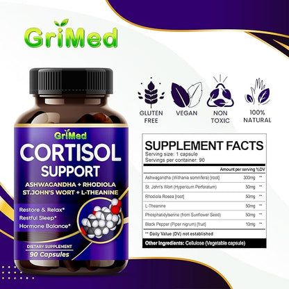 GriMed Ashwagandha Rhodiola 14,150mg - x 10 Power with St.John's Wort, L-Theanine - Restore & Relax, Restful Sleep - USA Made & Tested (90 Count (Pack of 1))