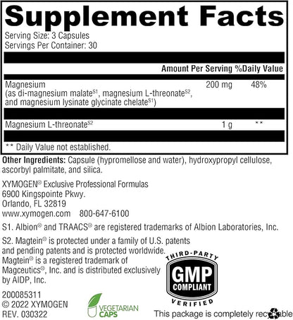 XYMOGEN OptiMag Neuro - Magnesium L Threonate Supplement with Chelated Magnesium Lysinate Glycinate - Support Brain Health & Relaxation (90 Capsules)