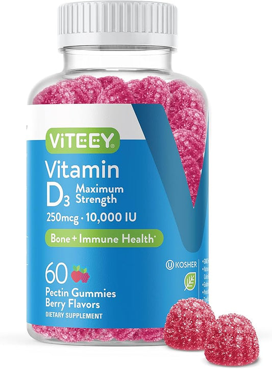 Vitamin D3 Gummies for Adults & Teens - 10,000 IU, 250mcg, Maximum Strength - Joint & Muscle Health, Immune Boost - Chewable Vitamin D Gummies - Vegetarian, Gelatin Free - Tasty Berry Flavored Gummy