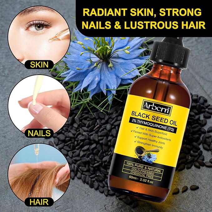 2 Pack Black Seed Oil Organic Cold Pressed,100% Pure & Natural Liquid Black Seed Oil Cold Pressed Glass Bottle 60ML for Skin Cares, Nourishes and Hydrates Hair