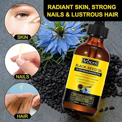 Black Seed Oil Organic Cold Pressed,100% Pure & Natural Liquid Black Seed Oil Cold Pressed Glass Bottle 60ML for Skin Cares, Nourishes and Hydrates Hair