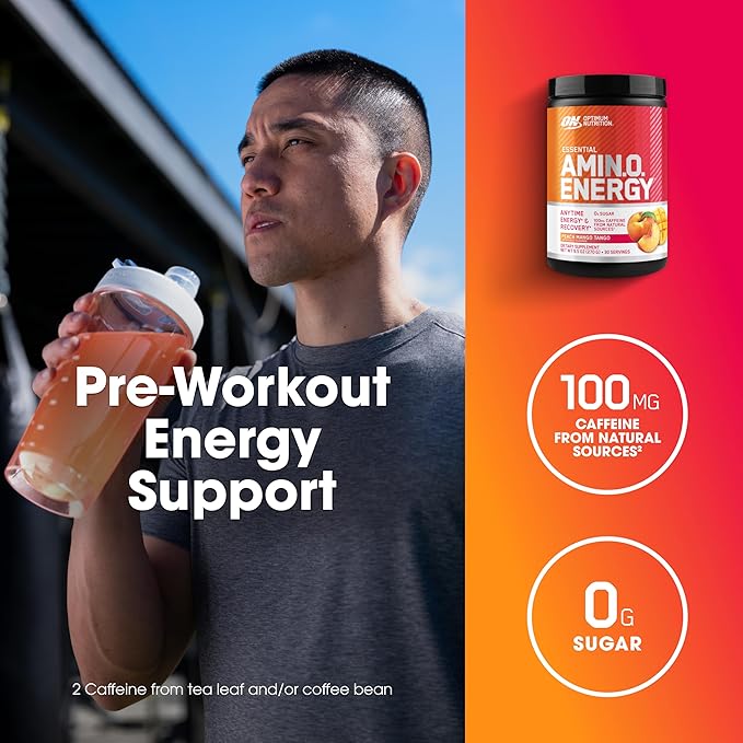 Optimum Nutrition New Flavor Amino Energy - Pre Workout with Green Tea, BCAA, Amino Acids, Keto Friendly, Green Coffee Extract, Energy Powder - Peach Mango Tango, 30 Servings (Packaging May Vary)