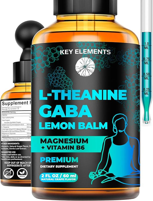 KEY ELEMENTS Liquid GABA with L Theanine Supplement | GABA 500mg and L Theanine 200mg | L-Theanine and GABA Supplements with Lemon Balm Extract, L-Theanine and Magnesium with Vitamin B6 | GABA Drops
