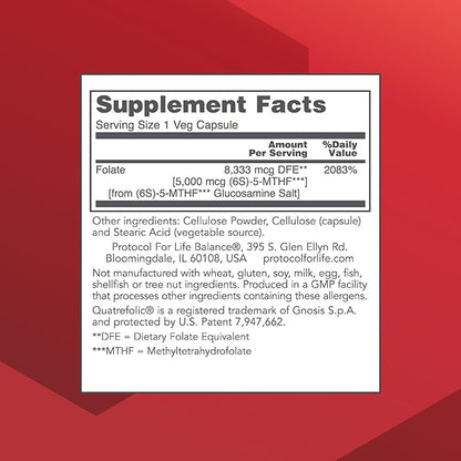 PROTOCOL FOR LIFE BALANCE 5-Methylfolate 5,000mcg - Superior Methyl Folate Bioavailability - for Brain Support - Folate Supplement for Women & Men - Kosher & Vegan - 50 Veg Caps