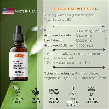 Liquid Collagen Supplements for Women - Comprehensive Formula Hair Skin Nails Supplement with 10000mcg Collagen 5000 mcg Biotin 5000 mcg Keratin 5000 mcg Saw Palmetto, Made in USA, 4fl oz