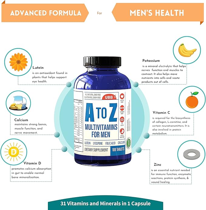 A to Z Multivitamin and Multimineral Supplement for Men - 3 Month Supply - Vitamins A C D E K B1 B2 B6 B12 Magnesium Calcium Biotin Potassium Zinc - Antioxidants for Heart & Immune Health (100 Count)