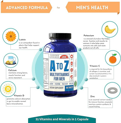 A to Z Multivitamin and Multimineral Supplement for Men - 3 Month Supply - Vitamins A C D E K B1 B2 B6 B12 Magnesium Calcium Biotin Potassium Zinc - Antioxidants for Heart & Immune Health (100 Count)