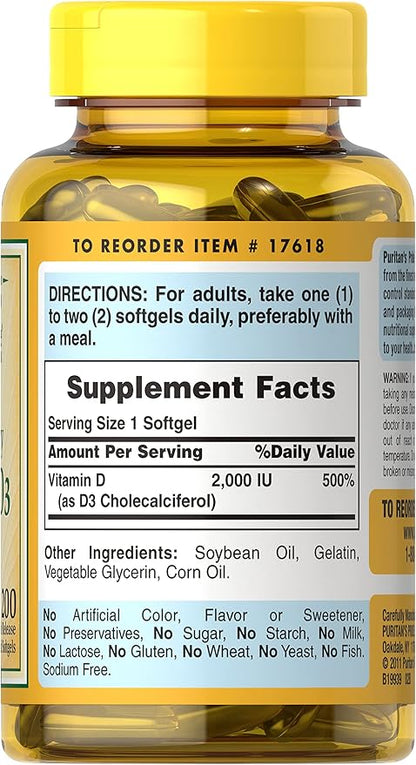 Puritan's Pride Vitamin D3 50mcg (2,000 IU) Bolsters Immune Health for Support of Immune Health and Healthy Bones and Teeth 200 Softgels (Pack of 2)