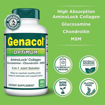 Genacol Optimum – Glucosamine, Chondroitin, MSM and Ultra-Hydrolyzed Collagen Tablets, Maintains Healthy Joints, Protects & Lubricate Cartilage, 180 Tablets (60-Day Supply)