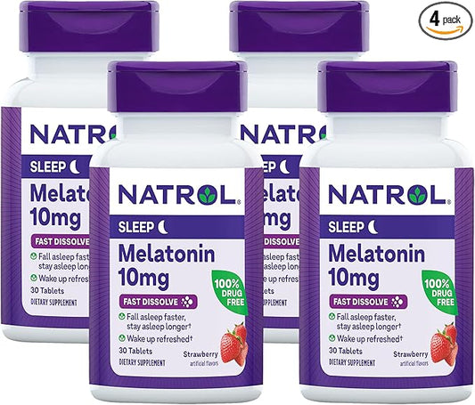 Natrol Sleep Melatonin 10mg Fast Dissolve Tablets, Nighttime Sleep Aid for Adults, 30 Strawberry-Flavored Melatonin Tablets, 30 Day Supply (Pack of 4)