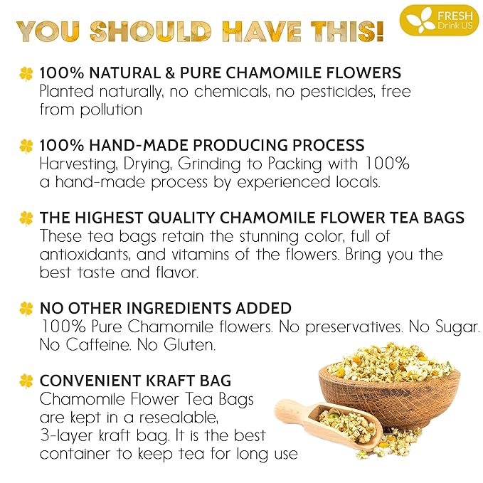 FRESHDRINKUS, Premium 16 Chamomile Tea Bags, 100% Natural and Pure Chamomile Flowers, Eco-conscious Tea Bags. Chamomile Flower Herbal Tea. No Sugar, No Caffeine, No Gluten, Vegan.