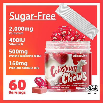 Bovine Colostrum Chews Supplement with probiotics for Gut Health, Bloating, Immune Support, Skin, Hair Growth and Beauty - Strawberry Flavor (60 Servings)