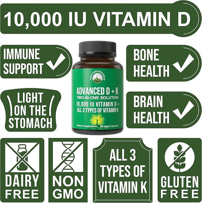 Peak Performance Advanced Vitamin D 10000 IU with All 3 Types of Vitamin K Capsules 10,000 IU Vitamin D3 and Vitamin K2, K1, MK-7 (MK7), MK4 Supplement. 60 Small and Easy to Swallow Pills