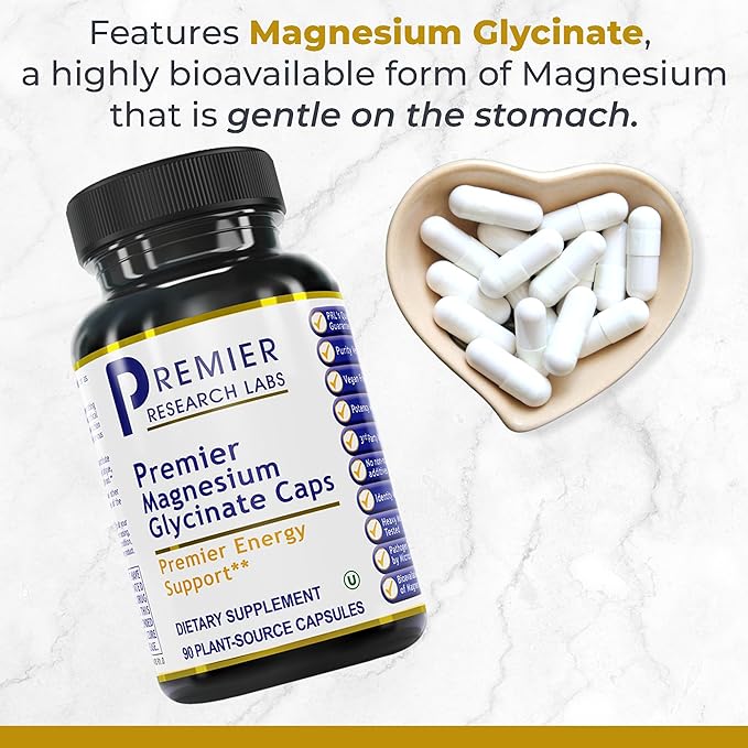 Premier Research Labs Magnesium Glycinate Supplement - Pure Magnesium, High Absorption, Supports Sleep Quality, Chelated, Vegan, Third Party Tested, Premier Energy Support - 90 Capsules