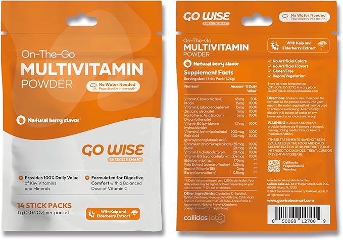 On The go Multivitamin Powder - Natural Berry Flavor - 14 Convenient Stick Packs - Portable Vitamin Supplement for Travel, Daily Nutrition, Energy and Immune Support: for Men and Women.