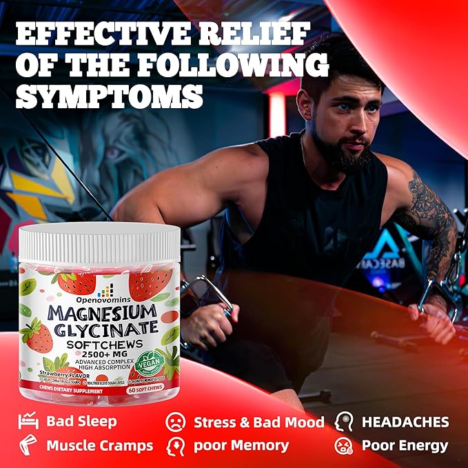 Magnesium Glycinate Soft Chews, Strawberry Flavor.Chewable Sugar Free Potassium Magnesium Chews with Magnesium Glycinate, Vitamin D, B6, and CoQ10 for Calm Support & Sleep for Adults, 60 Days Supply