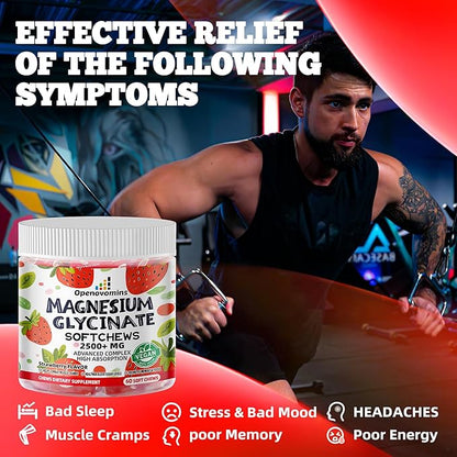Magnesium Glycinate Soft Chews, Strawberry Flavor.Chewable Sugar Free Potassium Magnesium Chews with Magnesium Glycinate, Vitamin D, B6, and CoQ10 for Calm Support & Sleep for Adults, 60 Days Supply