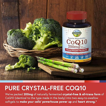 Terranics CoQ10 200mg, Coenzyme Q10 Supplement with Extra Virgin Olive Oil for Enhanced Absorption, Made in USA, Supports Heart Health, Antioxidant Protection, Energy Production, Non-GMO, 240 Softgels