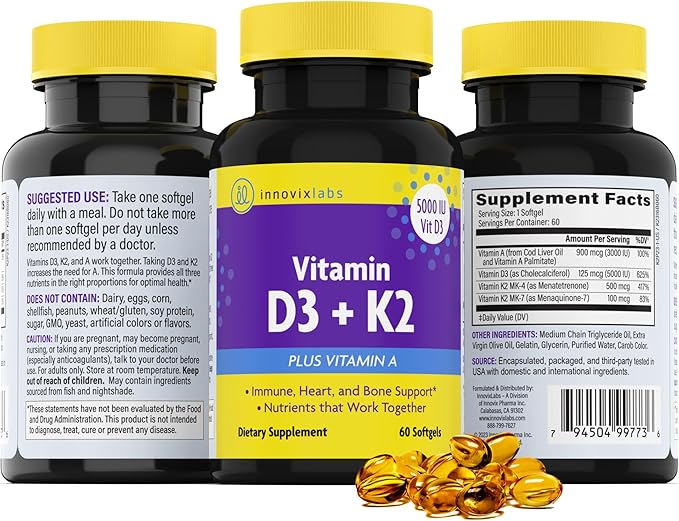 InnovixLabs Vitamin D3 K2-5000 IU Vitamin D3 Plus 600 mcg Vitamin K2 MK4 and MK7 for Max Calcium Absorption, Supports Bone, Immune, Heart Health, 3rd Party Tested, Gluten Free, 60 Softgels