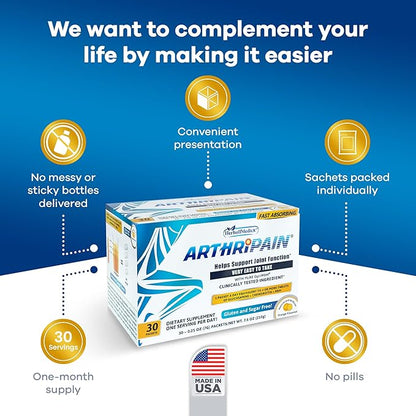 Arthripain – Joint Support Cartilage Repair Supplement – Clinically Tested Joint Juice - Ligament Relief Support – Glucosamine Chondroitin MSM – Swollen Knee Treatment –Sugar-Free – Made in US - 30ct