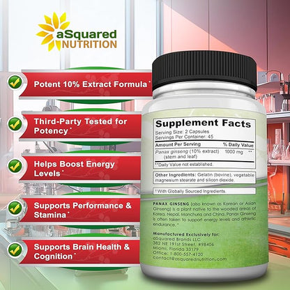 aSquared Nutrition Natural Korean Panax Ginseng (1000mg Max Strength)-90 Capsules Root Extract Complex (Red & White), High Dosage Ginsenosides in Seeds, Asian Powder Supplement,Tablet Pills for Energy