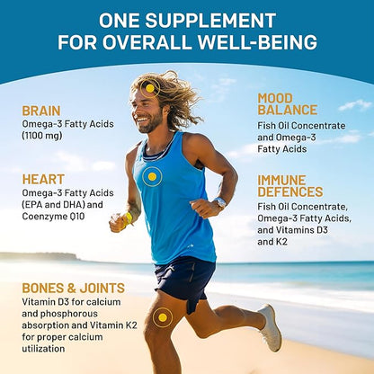 5-in-1 Fish Oil Omega 3 Fatty Supplements (2100mg) - Omega 3 Fish Oil with Vitamins D3 K2 and CoQ10 - Lemon Flavored (120 softgels, Pack of 4)
