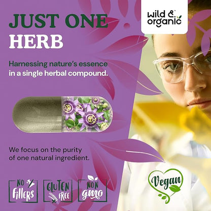 Wild & Organic Passion Flower Capsules 600 mg - Relaxation & Mood Support - Passionflower Extract Supplement - Passiflora Incarnata Herb - Vegan, No Fillers, Non-GMO - 60 Count