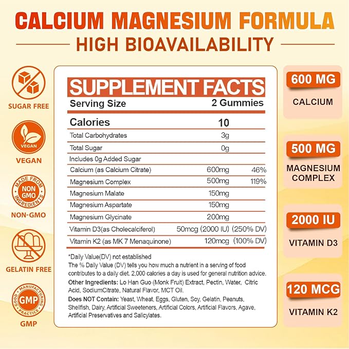 Calcium Magnesium Supplement Gummies for Adults: Calcium Citrate 600 mg with Vitamin D3 & K2 for Women Men - Supports B0ne Strength, Better Zzz, Muscles, Energy & Immune (60 Count)