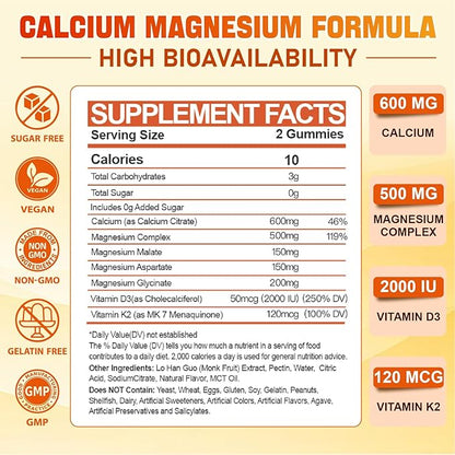 Calcium Magnesium Supplement Gummies for Adults: Calcium Citrate 600 mg with Vitamin D3 & K2 for Women Men - Supports B0ne Strength, Better Zzz, Muscles, Energy & Immune (60 Count)