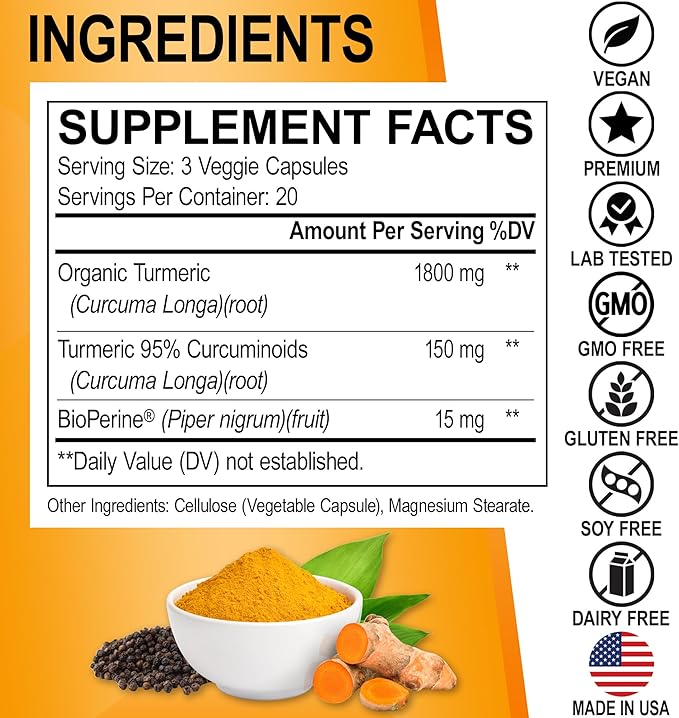 Turmeric Curcumin with BioPerine Supplement Capsules - Support Supplements with 1950mg Curcuma Longa Pure Organic Tumeric and Curcumin BioPerine Black Pepper - 60 Turmeric Pills